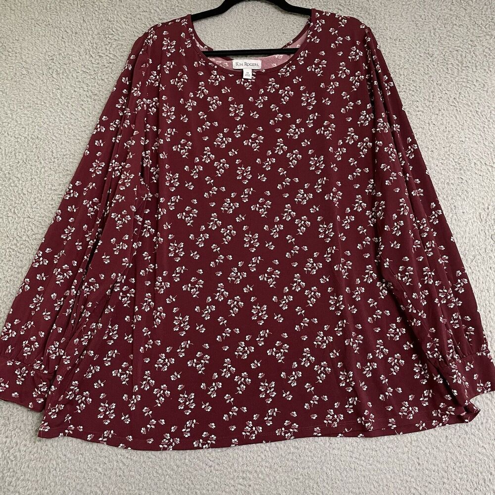 Kim Rogers Plus Stretch Blouse Maroon Floral Long Sleeve Button Cuff Top Work 3X